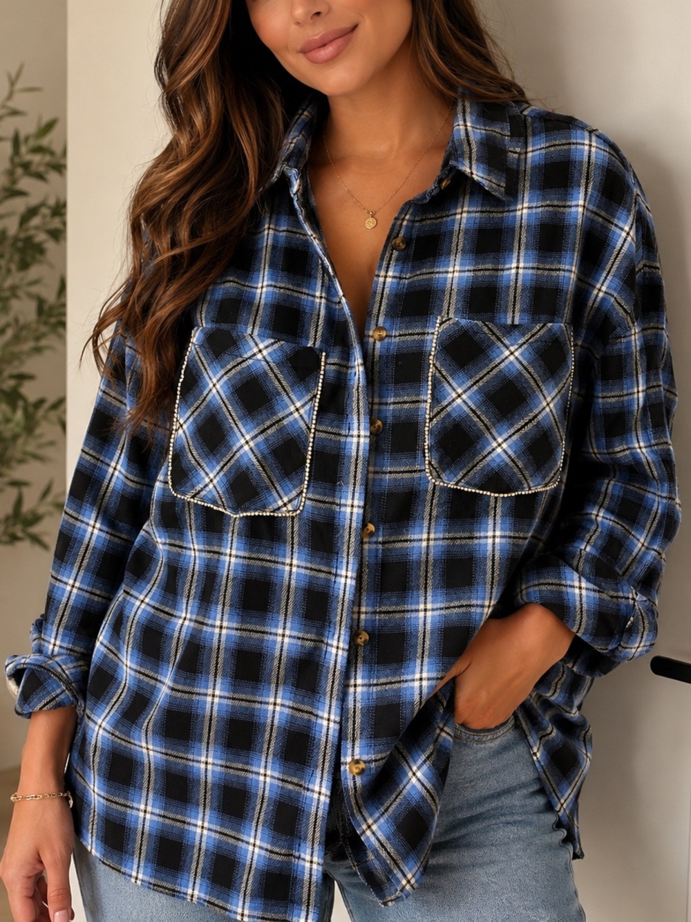 Eden & Olivia Blue and Black Plaid Button-Down Shirt with Rhinestone Pocket